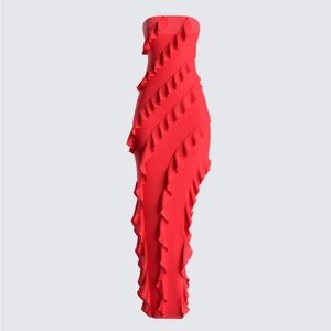 Red Mesh Ruffle Maxi Dress